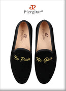 Piergitar BLack Velvet Men Moccasin With Gold Personality Letters Embroidery For Banquet And Party Handmade Slip-On Loafers