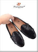 Piergitar 2023 Dark Brown Nappa Calfskin Double-Monk Belgian Loafers With Fringes And Metal Buckles Slip-On Men Smoking Slippers