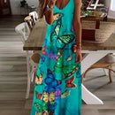 Blue Tribal Pattern Print Beach Vacation Casual Suspender Dress Fashionable Casual Sleeveless Loose Suspender Ankle Length Dress