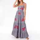 Imcute Women Cute Embroidered Maxi Dress Beach Dress Summer Boho Ruffle Long Dress Spaghetti Strap Flowy Maxi Dress