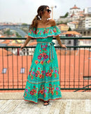 2024 Spring/Summer New Women Retro Fashion One Shoulder Red Flower Printed Waist Collection Long Style Large Swing Casual Dress