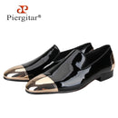 Piergitar Black/White Patent Leather Slip-On Slippers For Party Customised Front And Rear Metal Buckles Handmade Men's Loafers