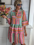 Women V Neck Three Quarter Sleeve Pullover Dress