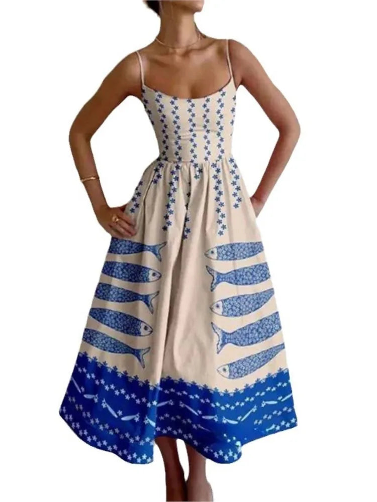 Women's Party Dresses with Sleeveless Low Cut A-line Dresses and Spaghetti Straps in Trendy Prints