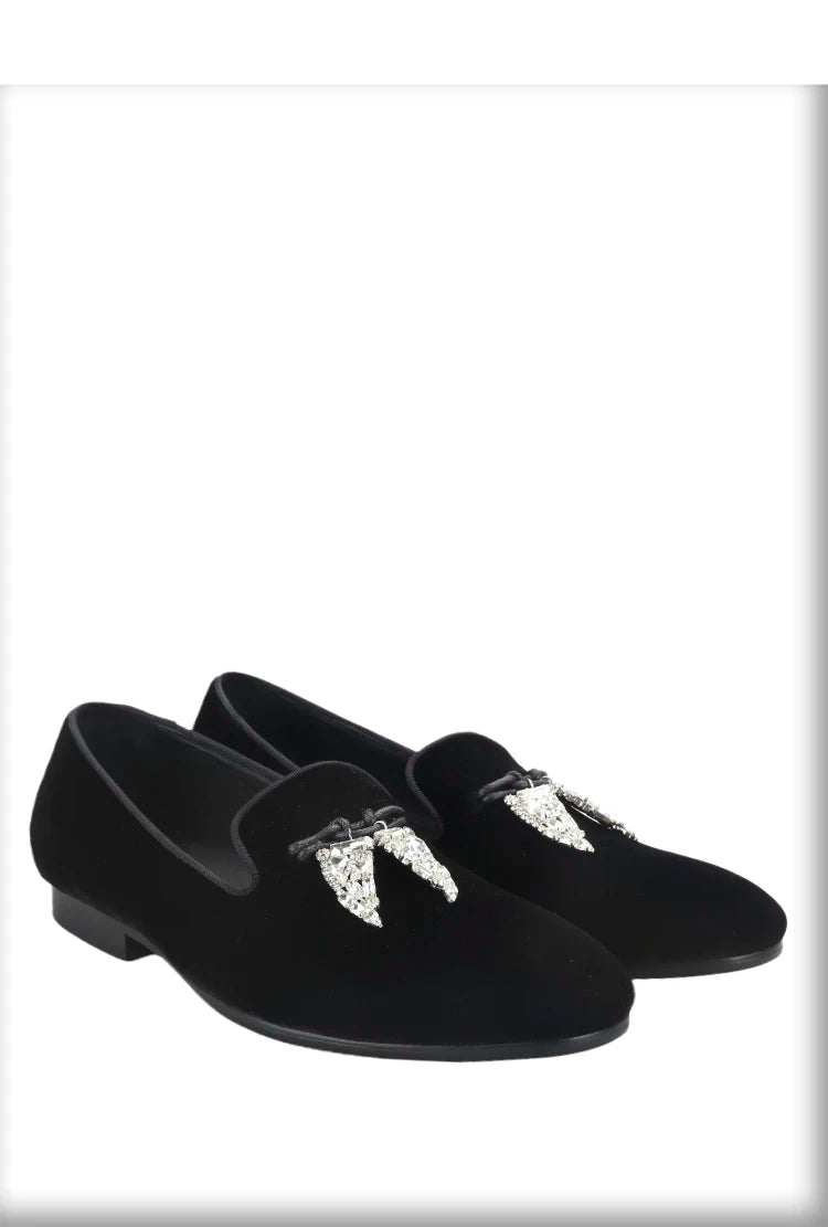 Black Velvet Men's Loafers with Clear Crystal Tassels, Handmade Man Moccasins for Party and Banquet Plus Size
