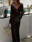Sexy Women White Long Knit Sleeve Bikin Fashion Cover up Female See-Through Deep V-Neck Hollow-Out Beach Knitwear Backless Dress