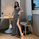 Black Sexy Dress Female High Waist Side Vent Maxi Dress Casual Sleeveless Backless V-Neck Retro Long Dress Sling