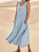 Women Linen Sundress Summer Female Sleeveless Double Big Pocket Loose Sand Beachwear Long Dress Oversized