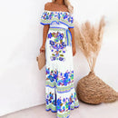 2024 Spring/Summer New Women Retro Fashion One Shoulder Red Flower Printed Waist Collection Long Style Large Swing Casual Dress