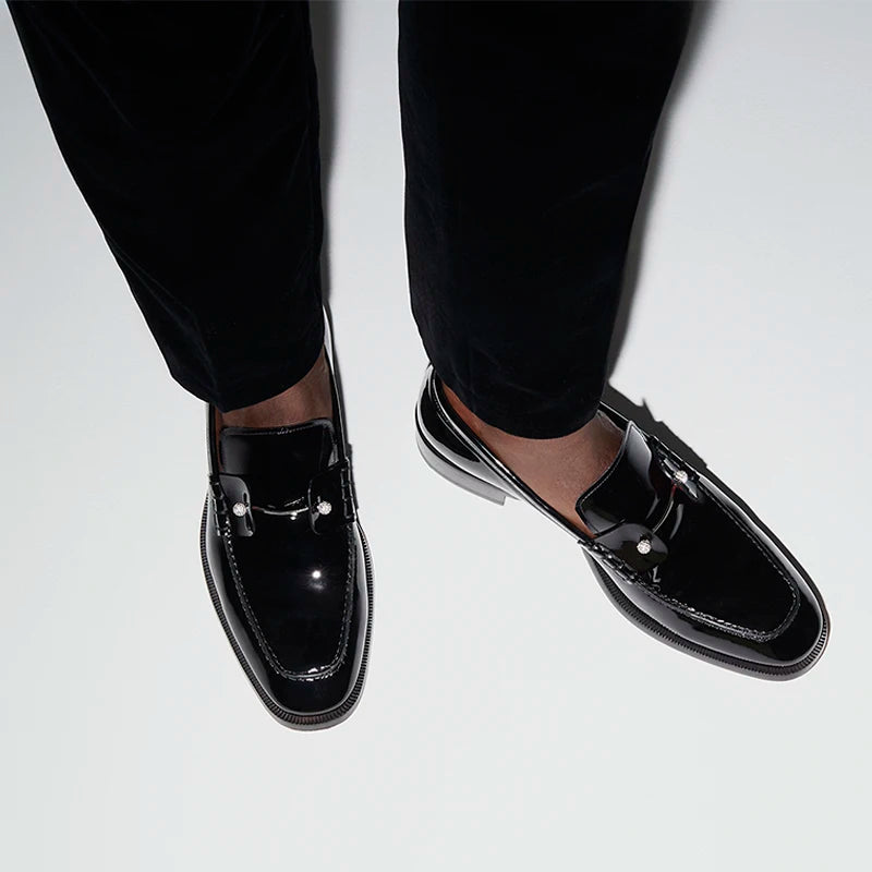 Piergitar Black Patent Calf Leather Men's Loafers With Silver Balls Crystals Buckles Handmade Moccasins For Wedding Or Prom Wear