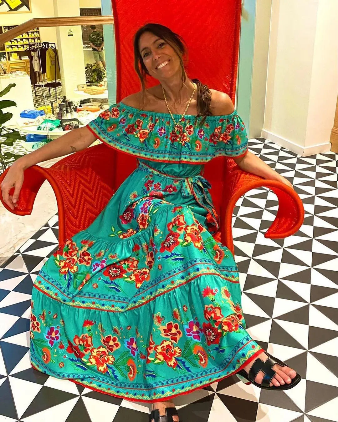 2024 Spring/Summer New Women Retro Fashion One Shoulder Red Flower Printed Waist Collection Long Style Large Swing Casual Dress