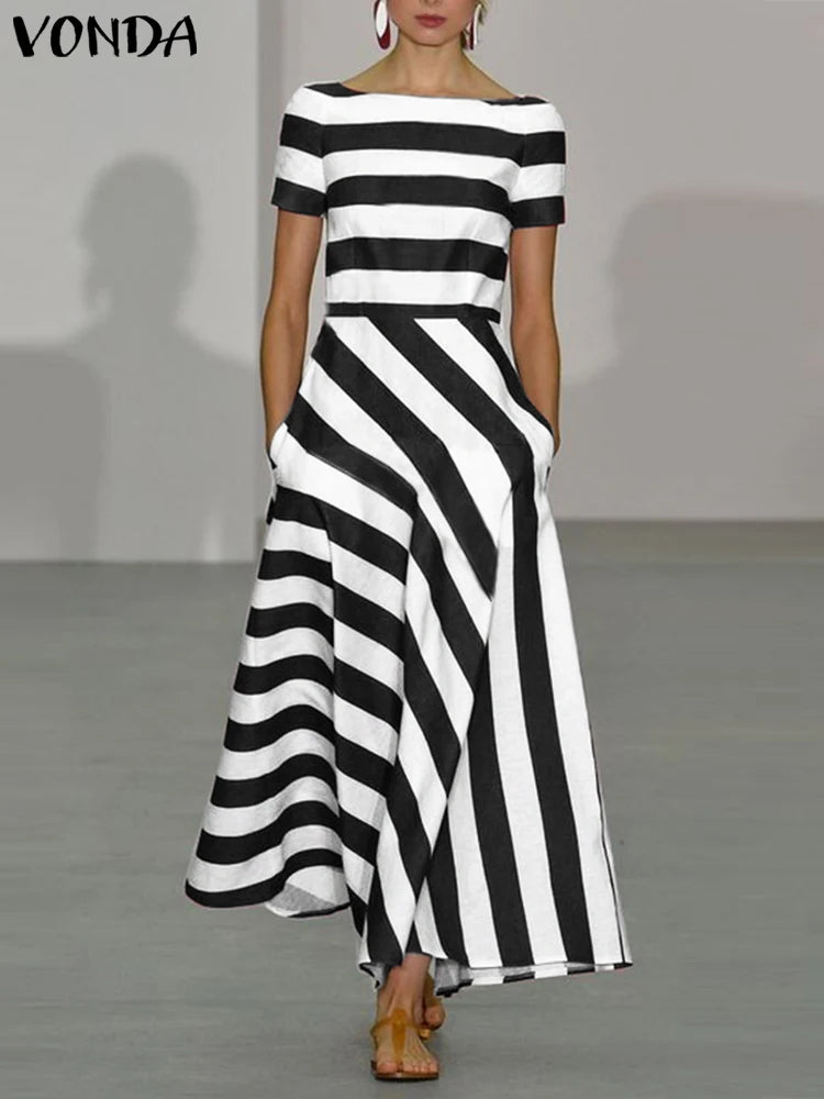 Stripe Maxi Dress VONDA Women Sexy Off Shoulder Printed Sundress 2024 Elegant Casual Loose Short Sleeve Robe Bohemian Vestidos