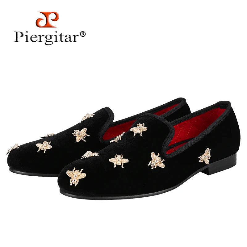 Piergitar Black Color Velvet Slip-On Slippers With Customised Gold Bees Metals Italian Luxury Brand Same Model Men's Loafers