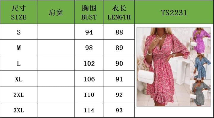 New Mid length Dress Waist Pullover Bohemian Printed Short Sleeve Fragmented Flower Dress