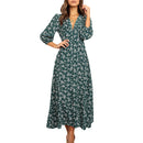 Women's Summer Bohemian Floral Print Long Maxi Dress Retro 3/4 Sleeve V-Neck Button Down High Waist Sundress Streetwear