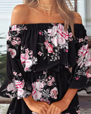 Sexy Slash Neck Long Flare Sleeve Floral Print Mini Dress Summer Women Boho Party Vestidos NMD-6650