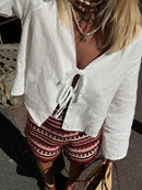 Women Loose Hollow Out V Neck Long Sleeve Tops
