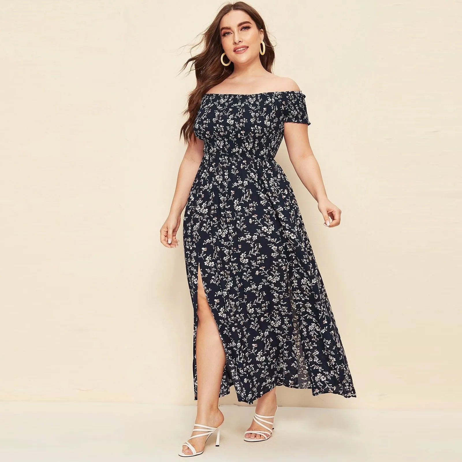 Plus Size Summer Dresses with Slash Necks, Shirred Bodice and Split Thigh Floral Dresses