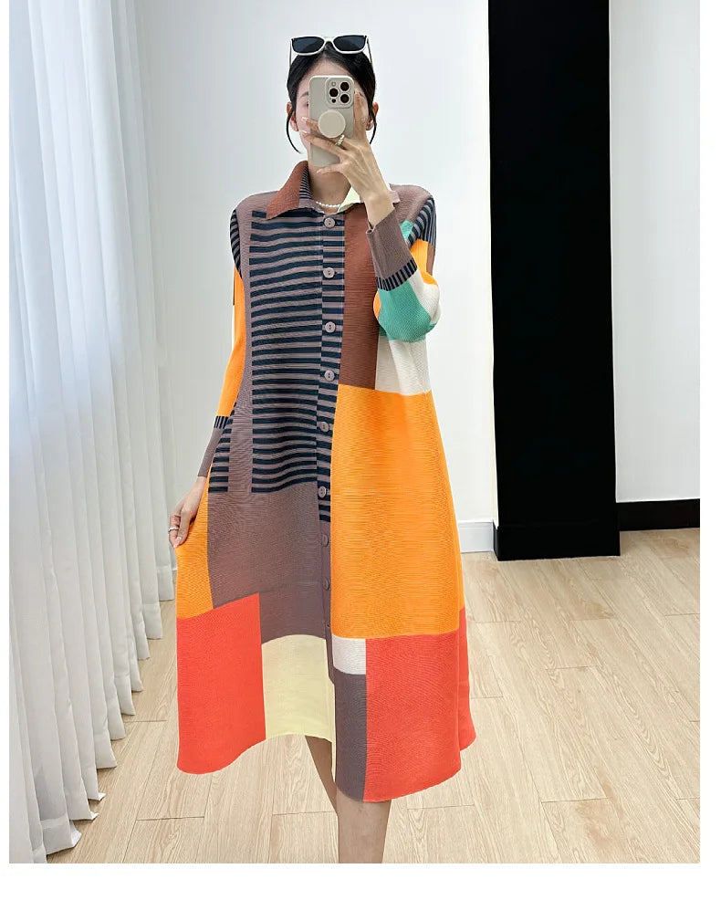 Miyake Women's Color Matching Dress, Autumn and Winter New Fashion Print Pleats, Medium Length, Loose Length Skirt