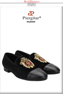 Piergitar 2022 New British Style Retro Embroidered Patch Men's Loafers Handmade Leather Stitching Velvet Moccasins Slip-On Shoes