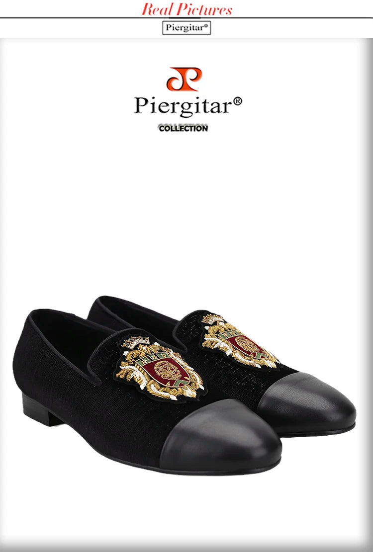 Piergitar 2022 New British Style Retro Embroidered Patch Men's Loafers Handmade Leather Stitching Velvet Moccasins Slip-On Shoes