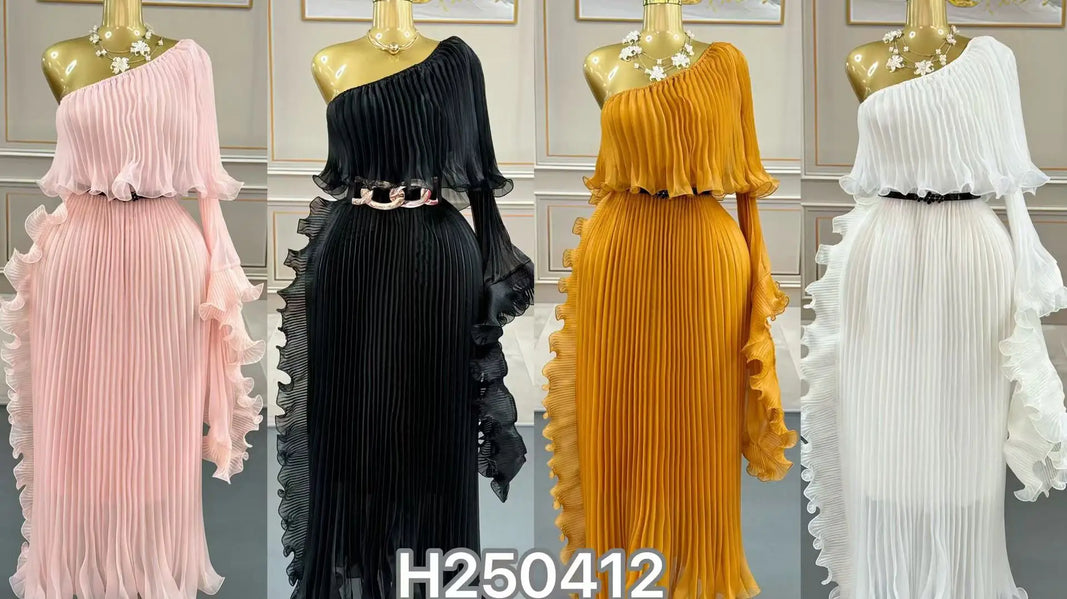 Miyake Dress2025 New Miyake Pleated Lotus Leaf Dense Edge Design Slanted Shoulder Single Sleeve Dress Women
