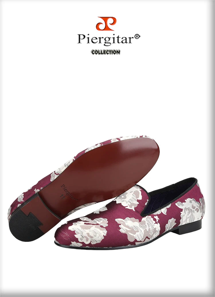 Piergitar 2022 New Arrival Purple Jacquard Fabric With White Fowers Handmade Men Loafers Party And Prom Male Flats Plus Size