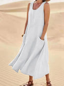 Women Linen Sundress Summer Female Sleeveless Double Big Pocket Loose Sand Beachwear Long Dress Oversized