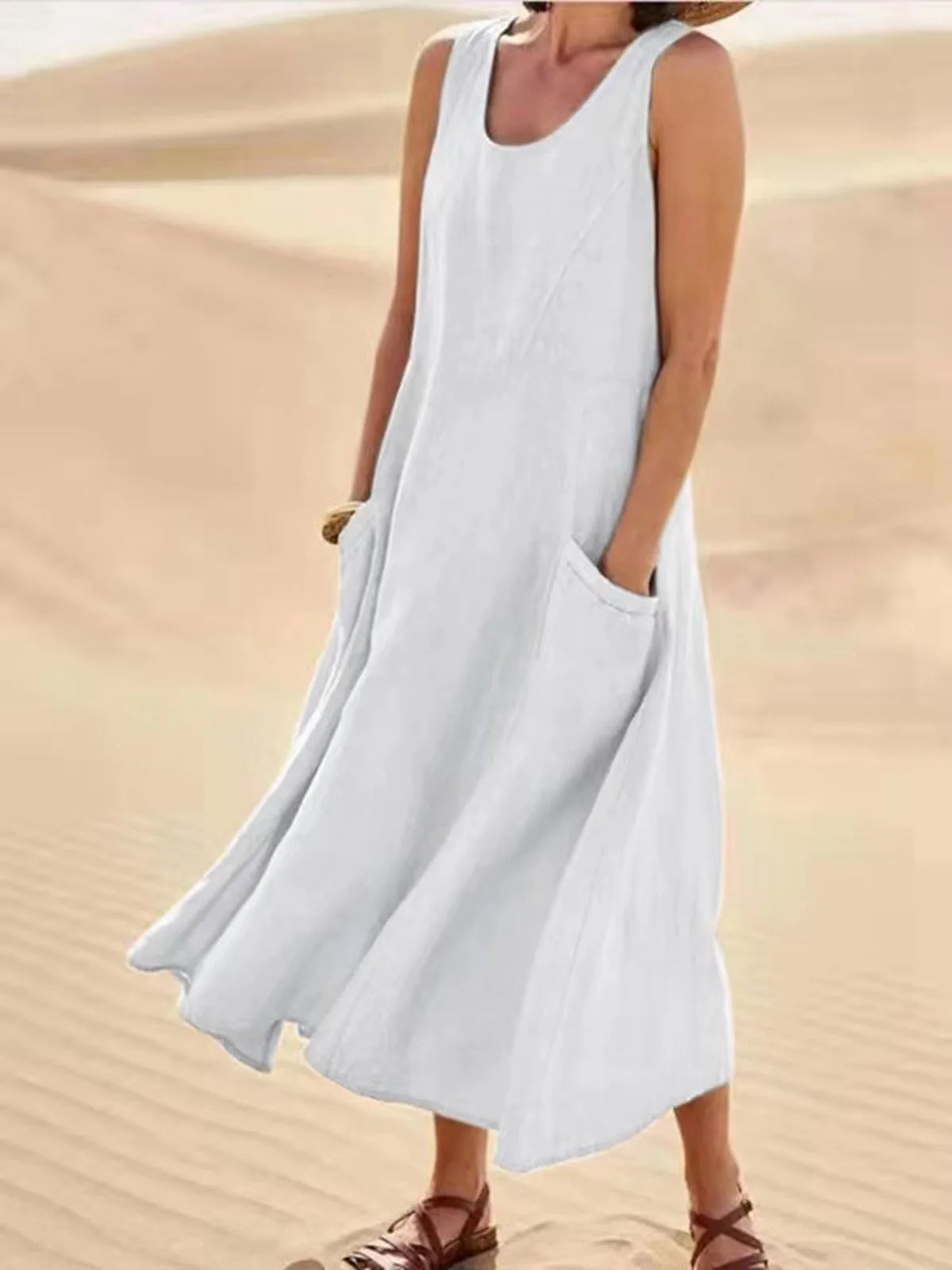 Women Linen Sundress Summer Female Sleeveless Double Big Pocket Loose Sand Beachwear Long Dress Oversized