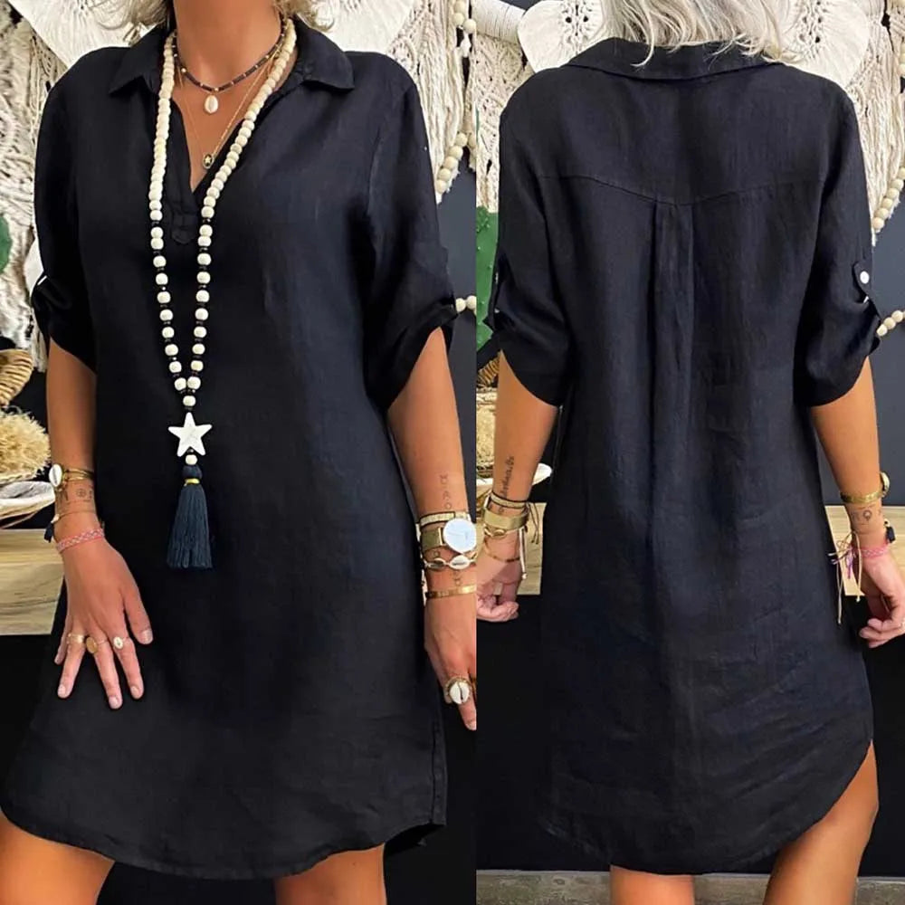 Cotton Linen Collar Short Sleeve Blouse Dress