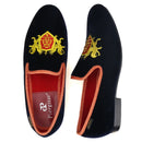 Piergitar British Style Embroidery Navy Velvet Shoes With Gold Outsole Handmade Men Loafers Slip-On Smoking Slippers For Party