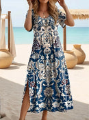 Elegant Summer Plus Size V-Neck Butterfly Print Dress - Split Hem Short Sleeve Women's Fashion