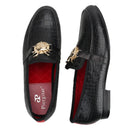 Piergitar Black Cow Leather Men Smoking Slippers Fashion Metal Buckle Handmade Slip-On Loafers For Wedding And Party Plus Size