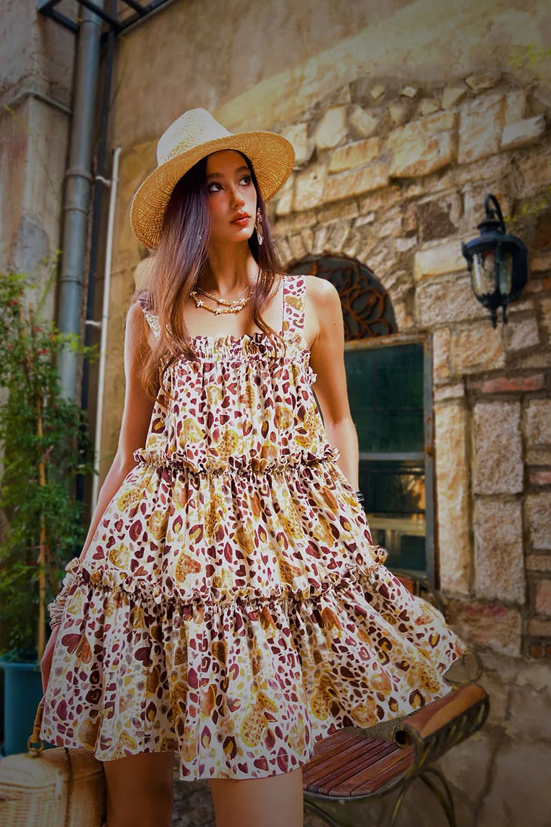Summer Print Spaghetti Strap Dress Women's Dress Backless Long Camisole Dress Knee-Length Skirt Y2K 2025 New DABUWAWA DM2BDR002