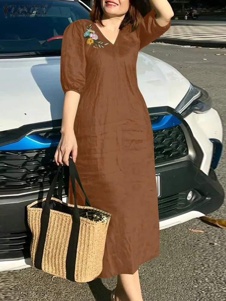 Women's V-Neck Floral Embroidery Midi Dress