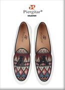 Piergitar Brand 2023 White Cotton Canvas Of Paisley Pattern Men's Loafers Fashion Party Handmade Leahter Tassel Shoes Plus Size
