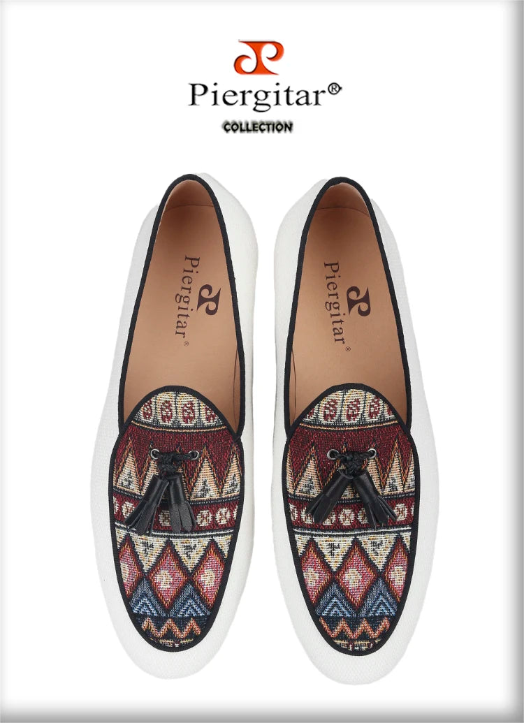 Piergitar Brand 2023 White Cotton Canvas Of Paisley Pattern Men's Loafers Fashion Party Handmade Leahter Tassel Shoes Plus Size