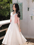 White Bow Jacquard Sundress Women Sweet Summer A-Line Dress with Tie Straps Petite Fit Flowy Midi Dress Cute Vacation Daily Wear