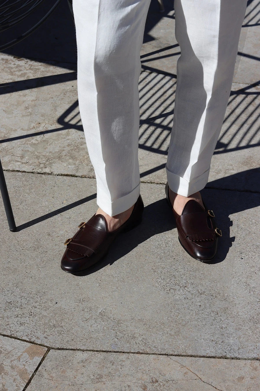 Piergitar 2023 Dark Brown Nappa Calfskin Double-Monk Belgian Loafers With Fringes And Metal Buckles Slip-On Men Smoking Slippers