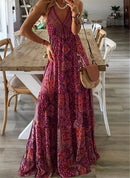 Bohemian Style Women's Clothing Long Dress New  Suspender Long Dress High Waist V-neck Printed Floral Dress Women's Clothing