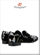 Piergitar Black And Grass Green Velvet With Handmade Classical Chinese Style Sequin Embroidery Men's Loafers Red Sole Moccasins