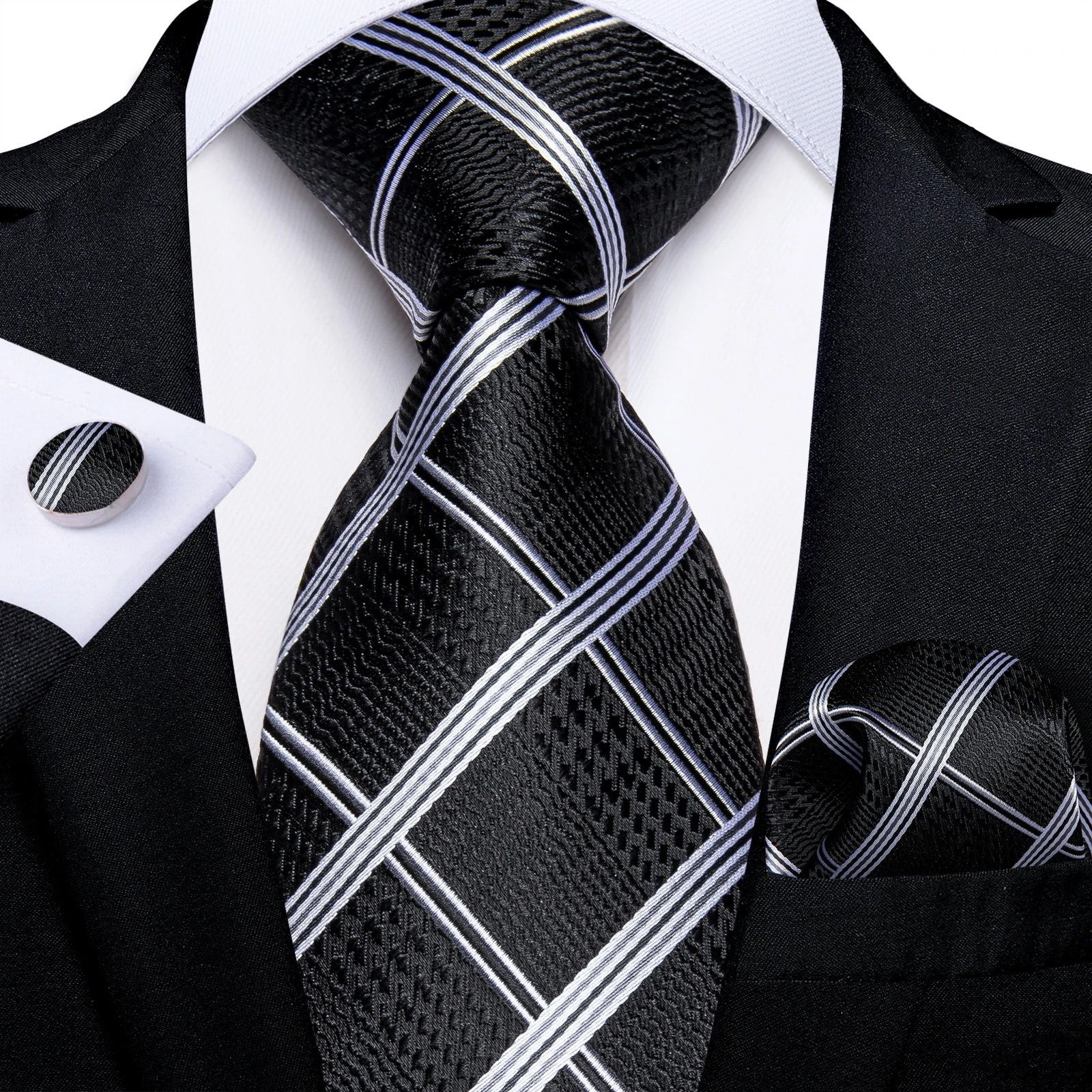 Men's Black Ties Handkerchief Cufflinks Business Formal Floral Striped Solid 8cm Necktie Gift for Husband Wedding Accessories
