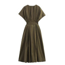 MYST&ZA2025 new summer women's casual fashion pleated drop shoulder short sleeve V-neck midi long dress