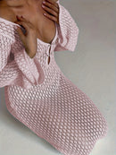 Sexy Women White Long Knit Sleeve Bikin Fashion Cover up Female See-Through Deep V-Neck Hollow-Out Beach Knitwear Backless Dress