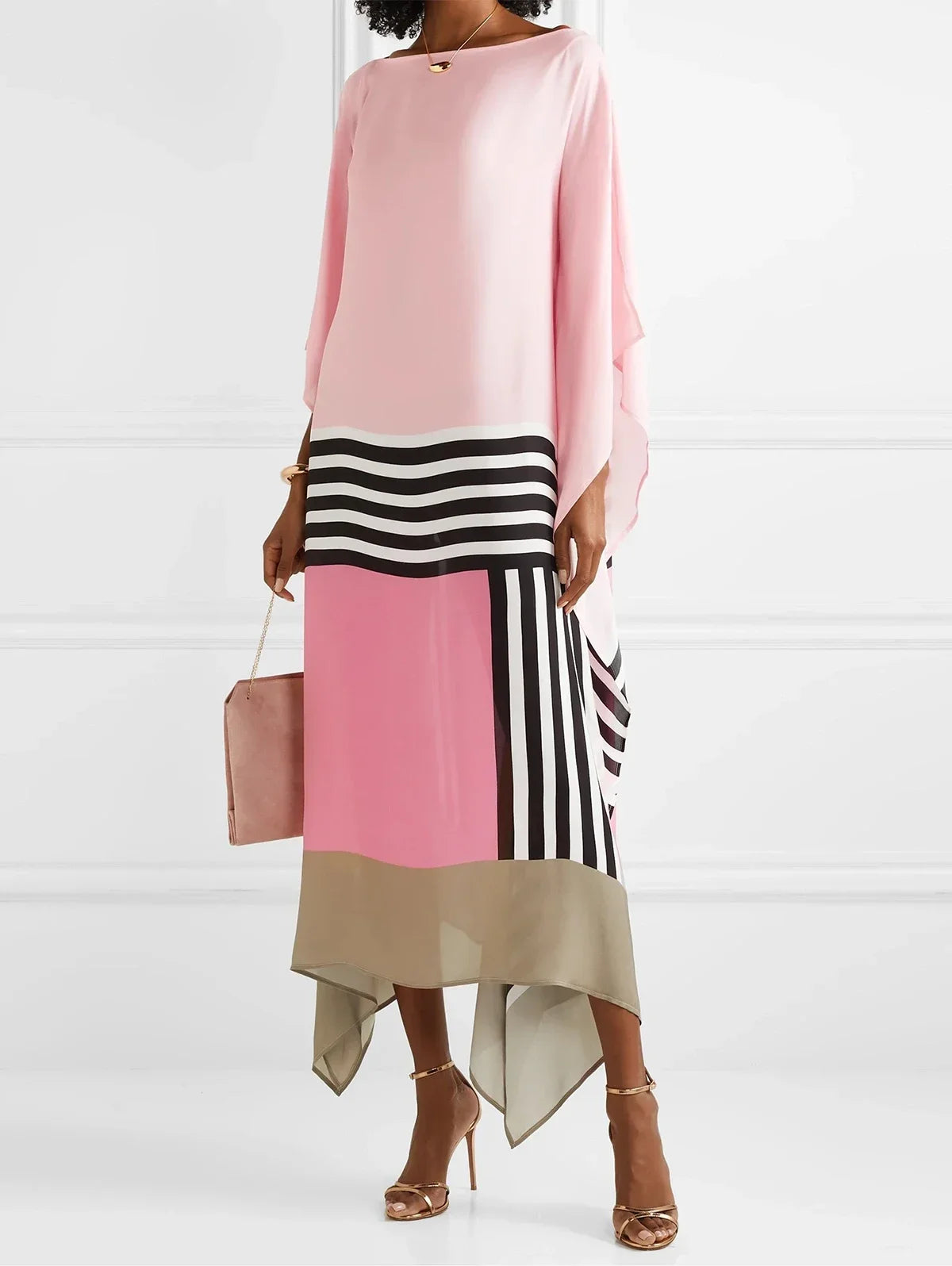 Retro Striped Print Patchwork Irregular Dress Women Spring Batwing Sleeve Loose Long Dress Summer Sexy Crew Neck Boho Maxi Dress