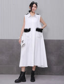 Front Pocket New 2025 Summer Korean Style Woman Black Sleeveless Shirt Dress Loose Fit Chic Holiday Casual Big Size Robe JKXD003
