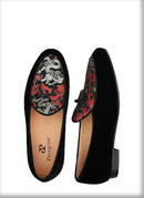 New Black Velvet Thread Dragon Print Satin Belgian Loafers for Men with Leather Tie Handcrafted Moccasin
