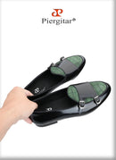 Piergitar Black Polished Leather Patchwork Green Crocodile Suede Men's Monk Shoes Handmade Slip-On Loafers For Wedding And Party