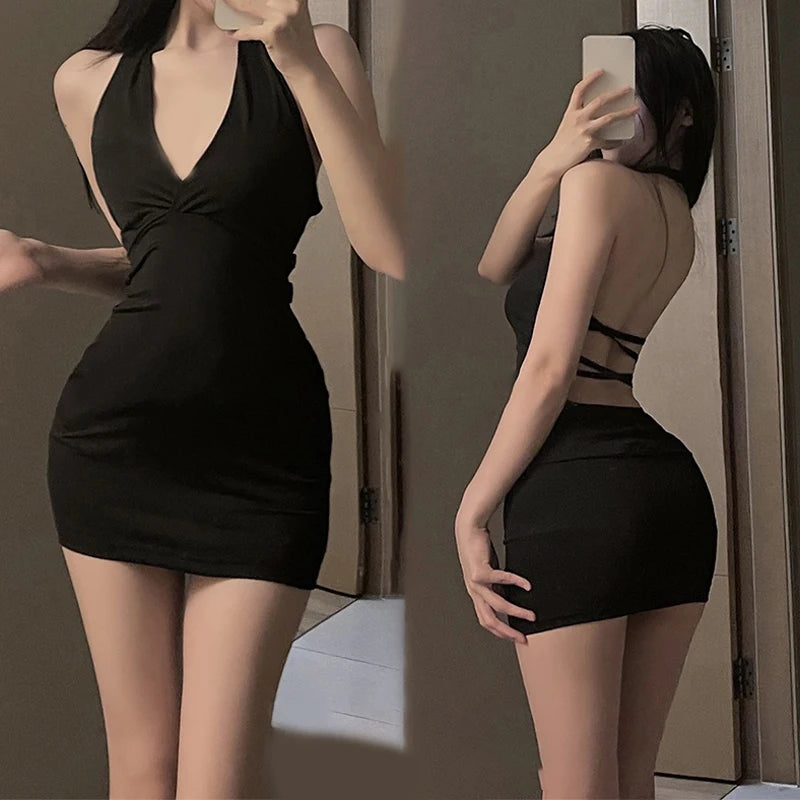 Nightclub party mini dress 1Pc Sexy women Uniform V neck Slim backless one-piece dress