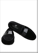 Classic Black Velvet Slip-On Men Shoes with Patent Leather Cross Strap Loafers for Fashion Party Wear